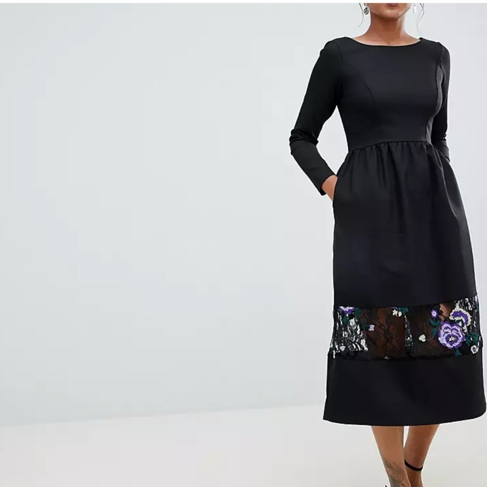 Closet London Long Sleeve Midi Dress with Embroidered Detail SZ US 8 EUC